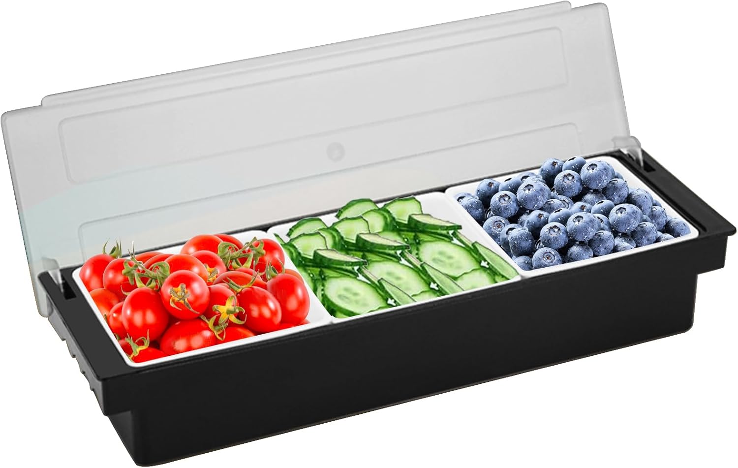3 Compartments Plastic Dispenser Fruit Veggie Condiment Caddy with Lid, Ice Cooled Condiment Serving Container Chilled Garnish Tray Bar Caddy for Home Work or Restaurant 3 tray