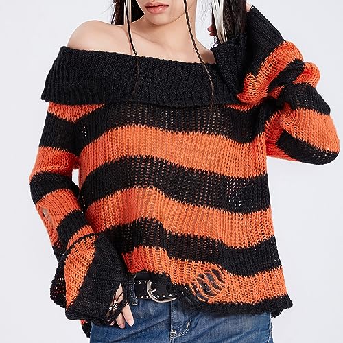 Karwuiio Women's Halloween Off Shoulder Stripe Tops Ripped Long Sleeve Sweaters Oversized Gothic Punk Pullover Knitwear4