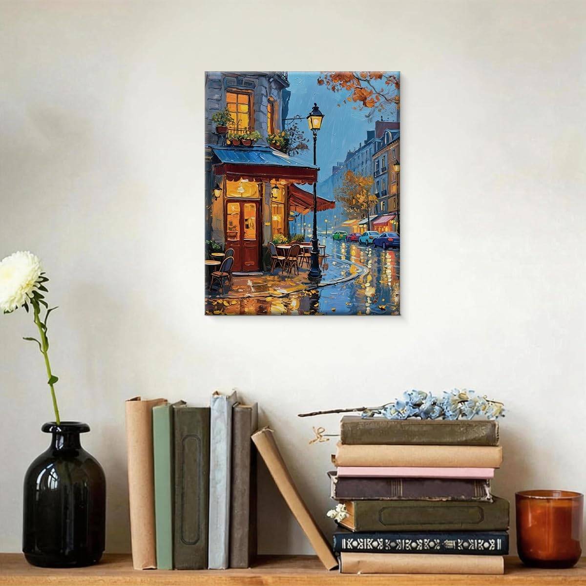 APOHBGV Paris Cafe Canvas Wall Art Decor, Rainy Night Street Scene Oil Painting Artwork, Romantic French Bistro Cityscape for Living Room Bedroom Coffee Bar Home Decoration, 8x10 Inch