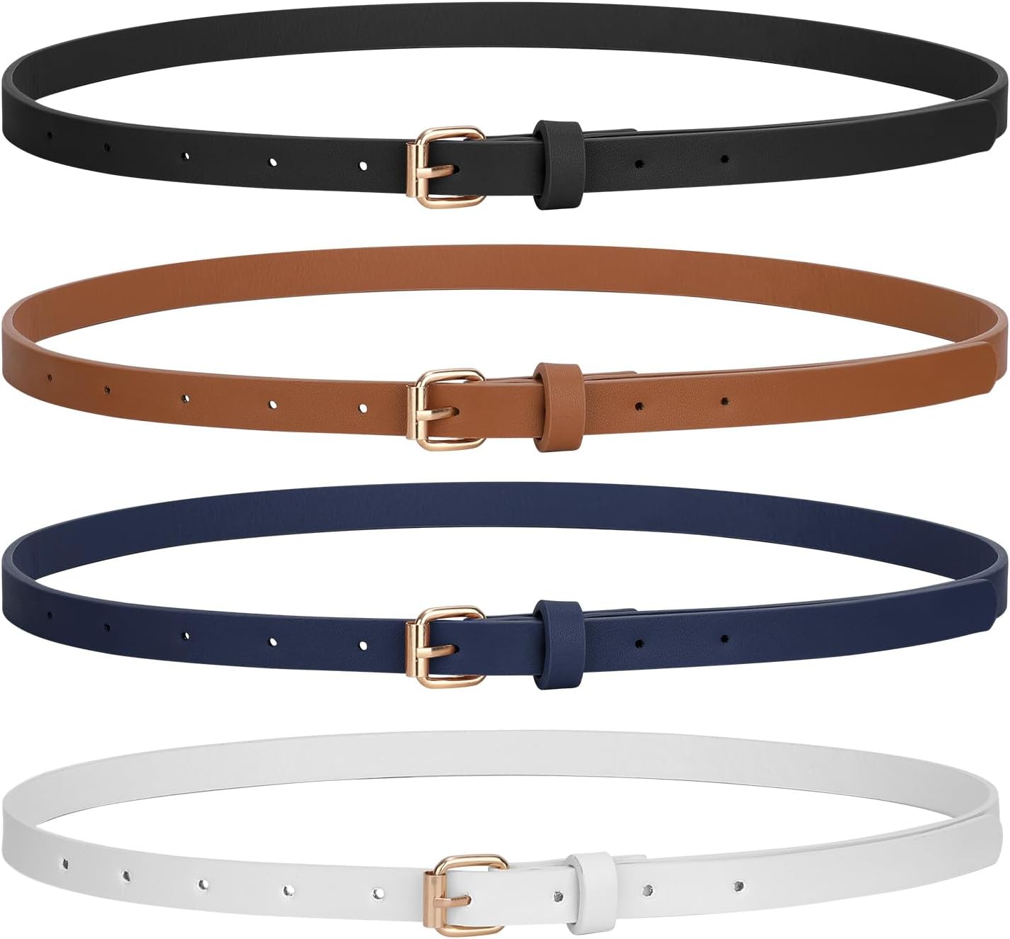 JASGOOD 4 Pack Skinny Women Leather Belt for Dresses Thin Waist Belt for Jeans Pants with Gold Buckle