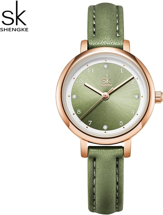 Orologio Da Donna SHENGKE – Quadrante Verde Soleil Con Indici Dorati – Cinturino In Pelle – Impermeabile 30m – Regalo Con Confezione