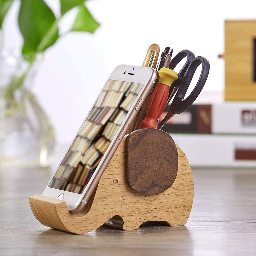 Portapenne Creativo, Portapenne in Legno Carino, Multifunzionale Creativo Forma di Elefante Legno Pencil Organizer con Supporto per Telefono Elephant per Ufficio, Decorazioni per La Casa o Scuola