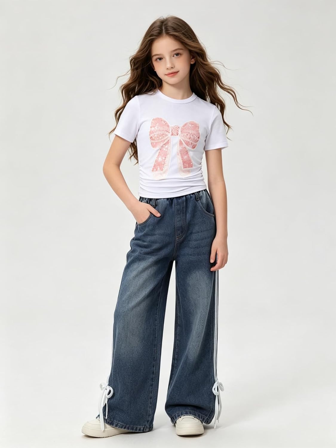 Size 7-14Y Girls Clothes 2 Piece Outfits Cute Bow T-Shirt&Top Striped Wide Leg Jeans Pants Summer Clothing Set