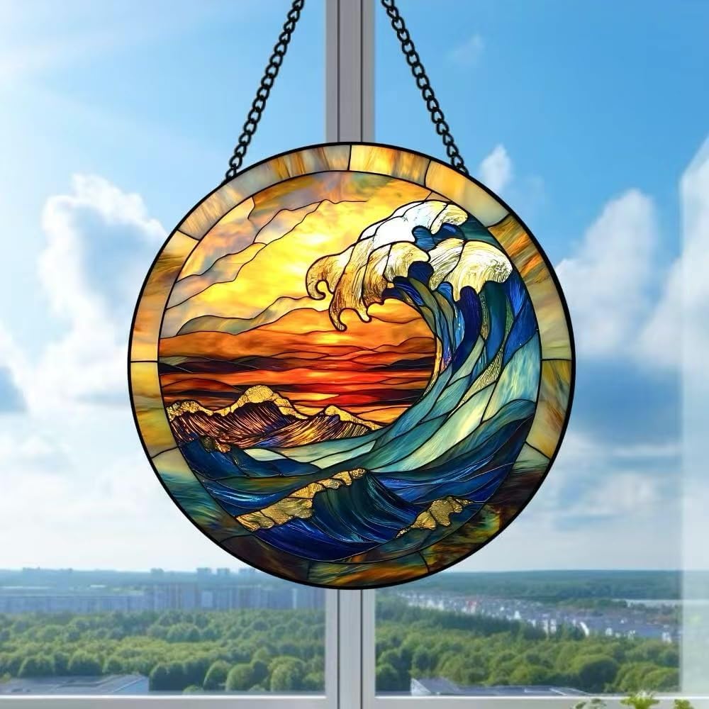7.87 Inch Ocean Stained Glass Window Hanging, Sunset Ocean Wave Suncatcher for Window Decor, Home Art, UV-Resistant Glass Sun Catcher with Metal Chain, Perfect Birthday for Women
