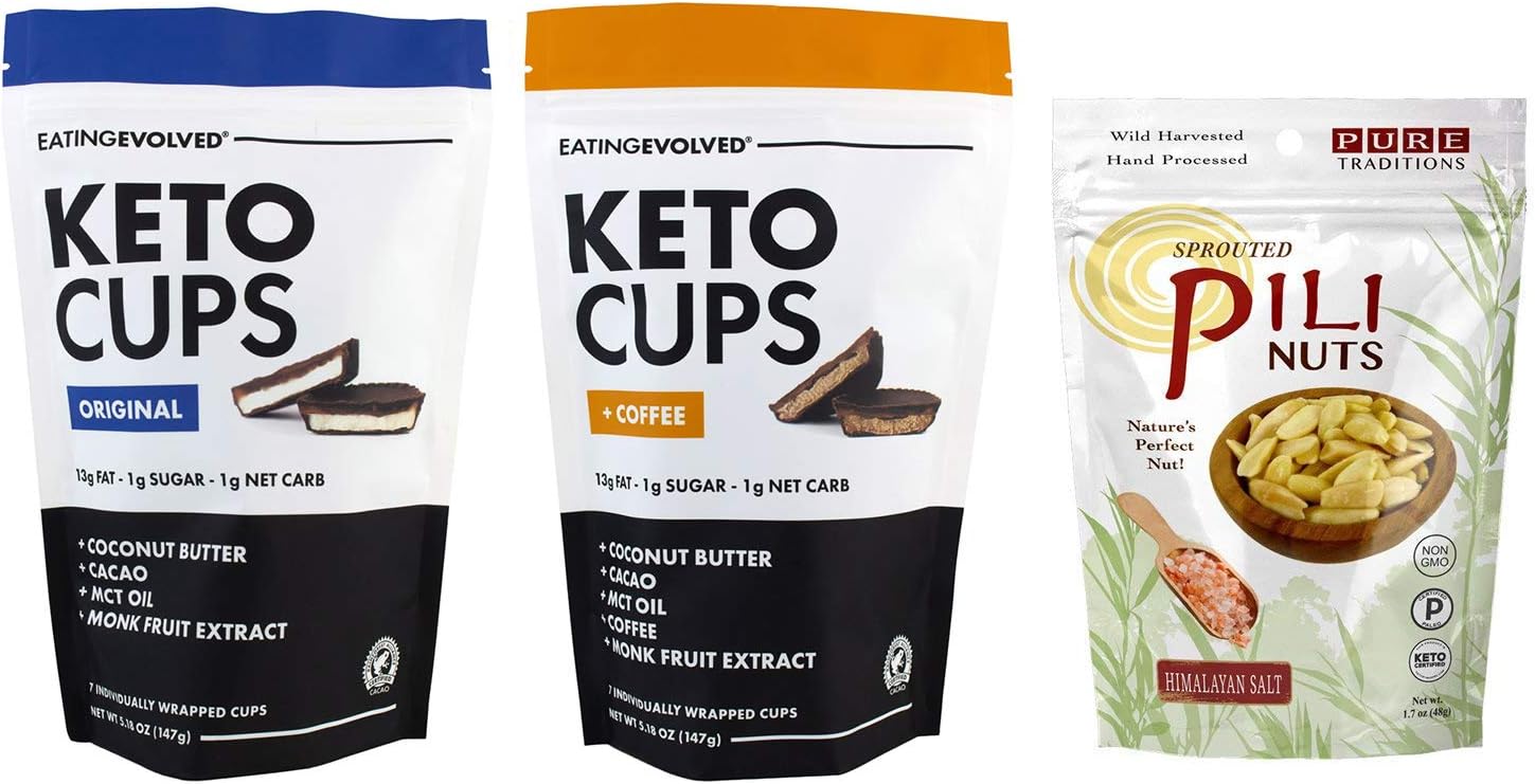 Original & Coffee Keto Cups (1 pack each) & Sprouted Pili Nuts (Himalayan Salt) Keto Variety Pack