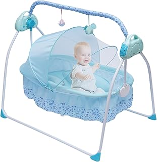 GCIUEMMH Electric Baby Crib Cradle Auto Rocking Chair 0-25Kg Infant Rocker Swing Chair with Bluetooth & Remote Control - 5 Speed Adjustable, Foldable with Mosquito Net for 0-18 Months (Blue)