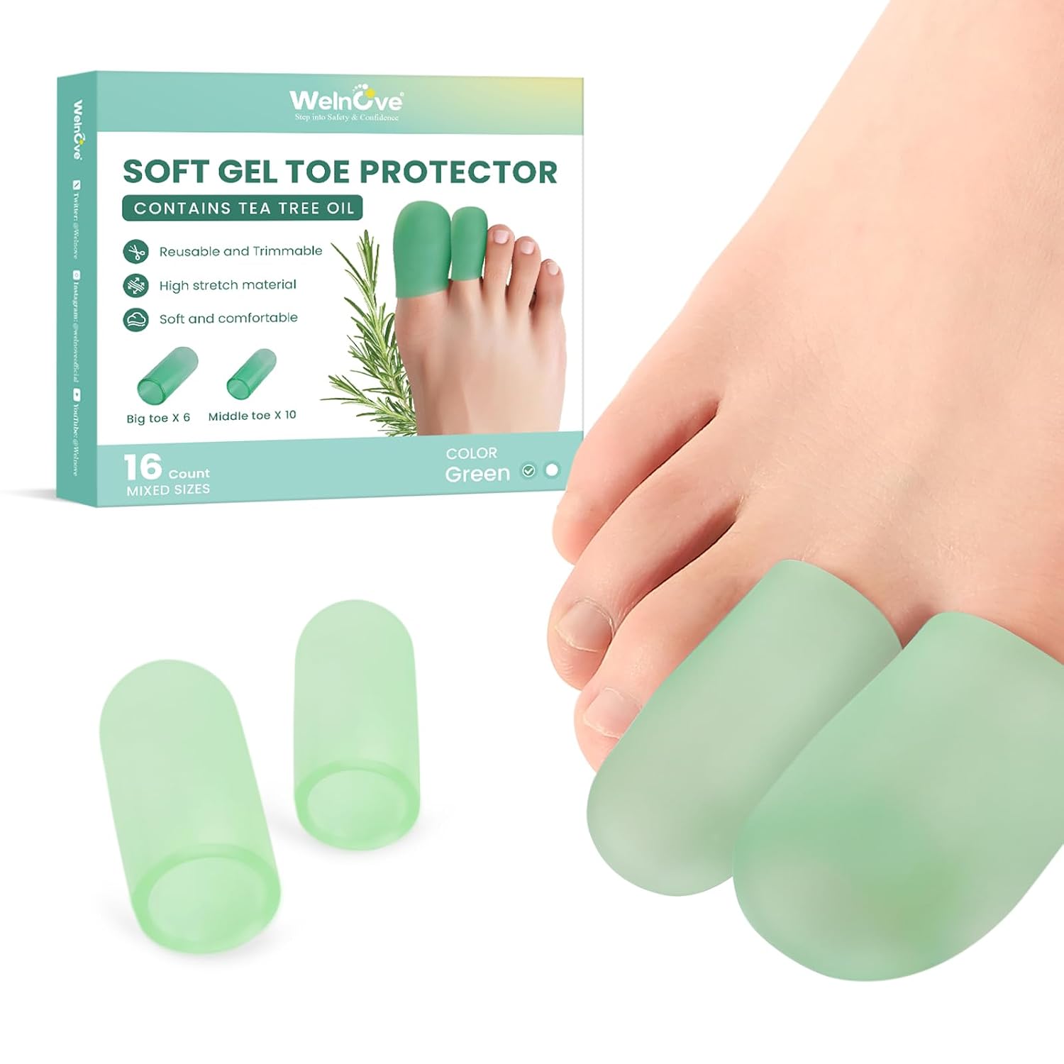 Welnove Silicone Toe Protectors with Tea Tree Oil – 16 Pack Green Gel Toe Caps for Corns, Calluses, Blisters – Soft, Breathable & Washable – 6 Large + 10 Medium