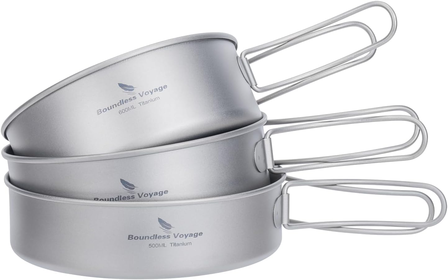 iBasingo Titanium Pot Pan Set Camping Cookware Lightweight Outdoor Kitchen Small Bowls Dish Portable Cooking with Folding Handle Travel Tableware for 1-2 People 500ml+600ml+700ml 3 Pieces/Set Ti2032C