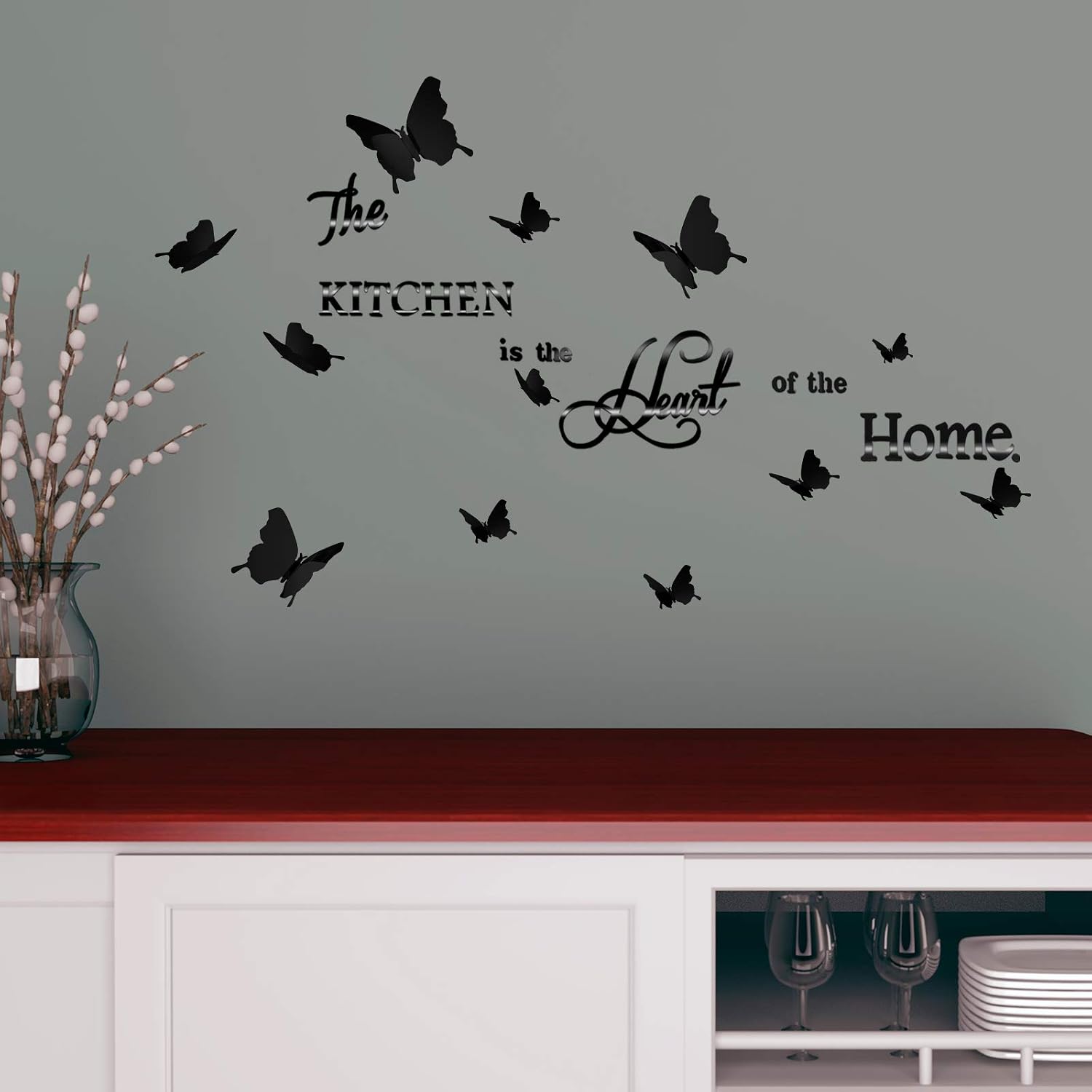 DIY Mirror The Kitchen Wall Stickers with 12 Pieces 3D Butterfly Removable Mural Stickers for Kitchen Dining Room Wall Decal (Black)