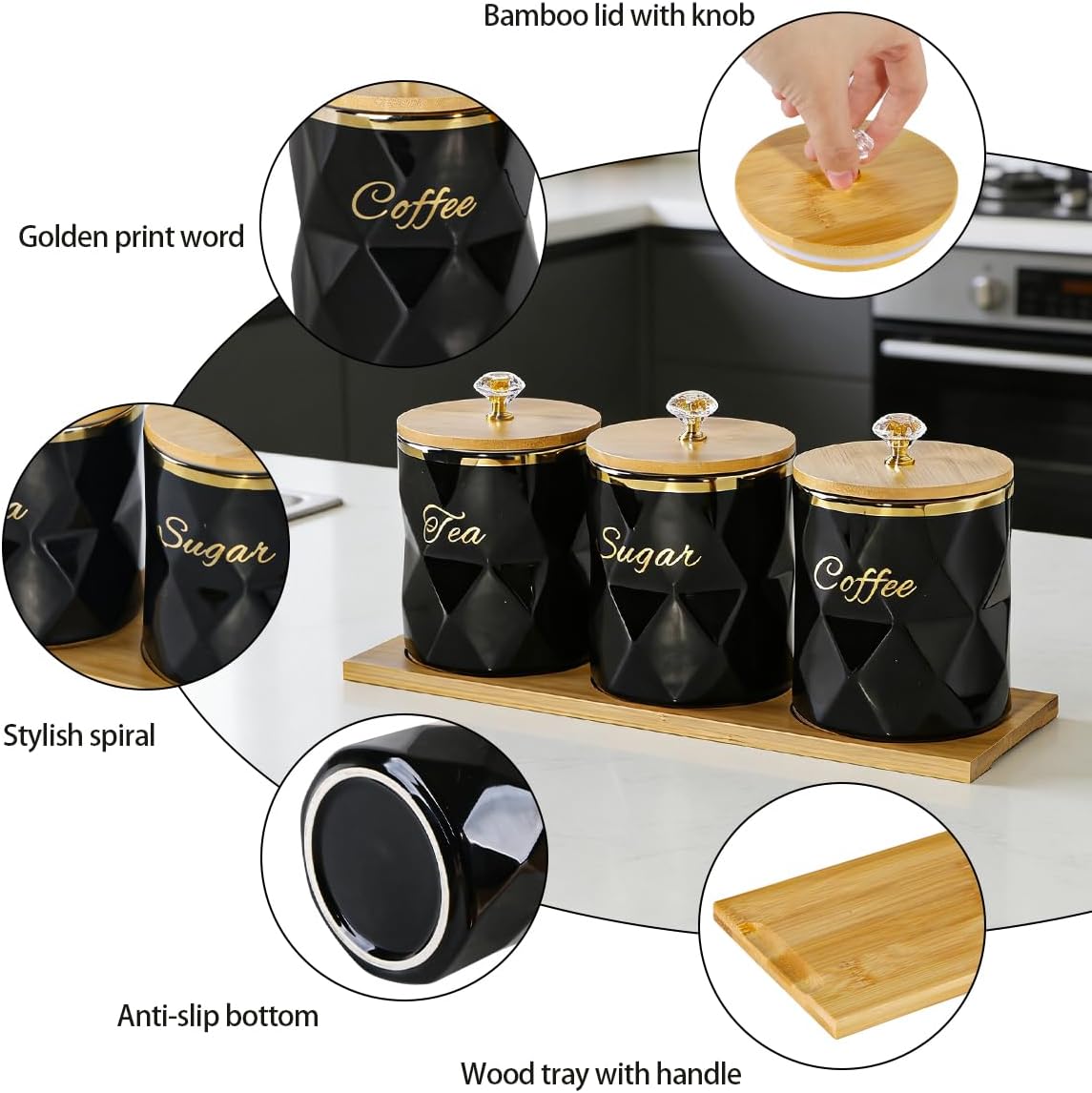 Black Ceramic Storage Canister for Coffee Sugar Tea Containers Set of 3, Coffee Sugar Tea Canisters Set with Bamboo Lids and Tray, Airtight Food Storage Jars for Kitchen Pantry