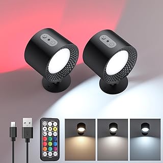 Aplique Pared Interior, Lámpara de Pared LED RGB Inalámbrica Recargable con Control Remoto Táctil Rotativa de 360° Luces de Pared con 3 Modos de Color para Sala de Estar,Dormitorio y Escalera