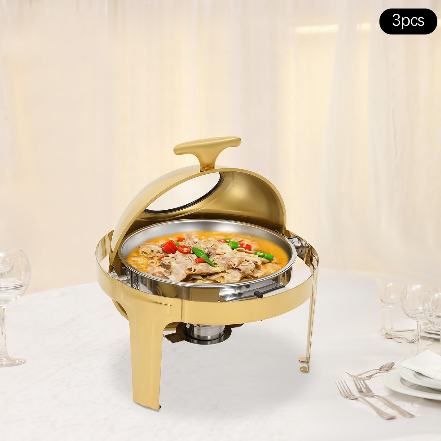 6.34QT Round Chafing Dish Buffet Set, 3 Pack Stainless Steel Buffet Servers and Warmers, Gold Catering Chafer Set with Lid Holder and Fuel Holder, Food Warmers for Parties Weddings (3 Pack)