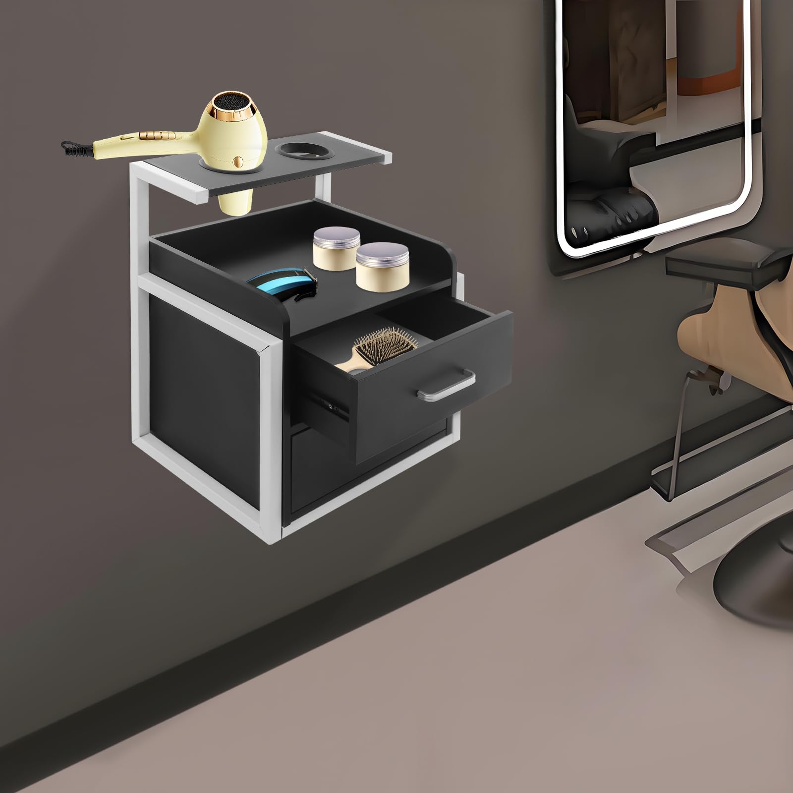 Suspended Salon Wall Cabinet, Wandschrank Friseursalon, Aufbewahrungsschrank mit 2 Schubladen, Offener Ablage und Föhnhalter, Für Salon, Bad, Spa, 40x30x48 cm (Weiß+Schwarz)