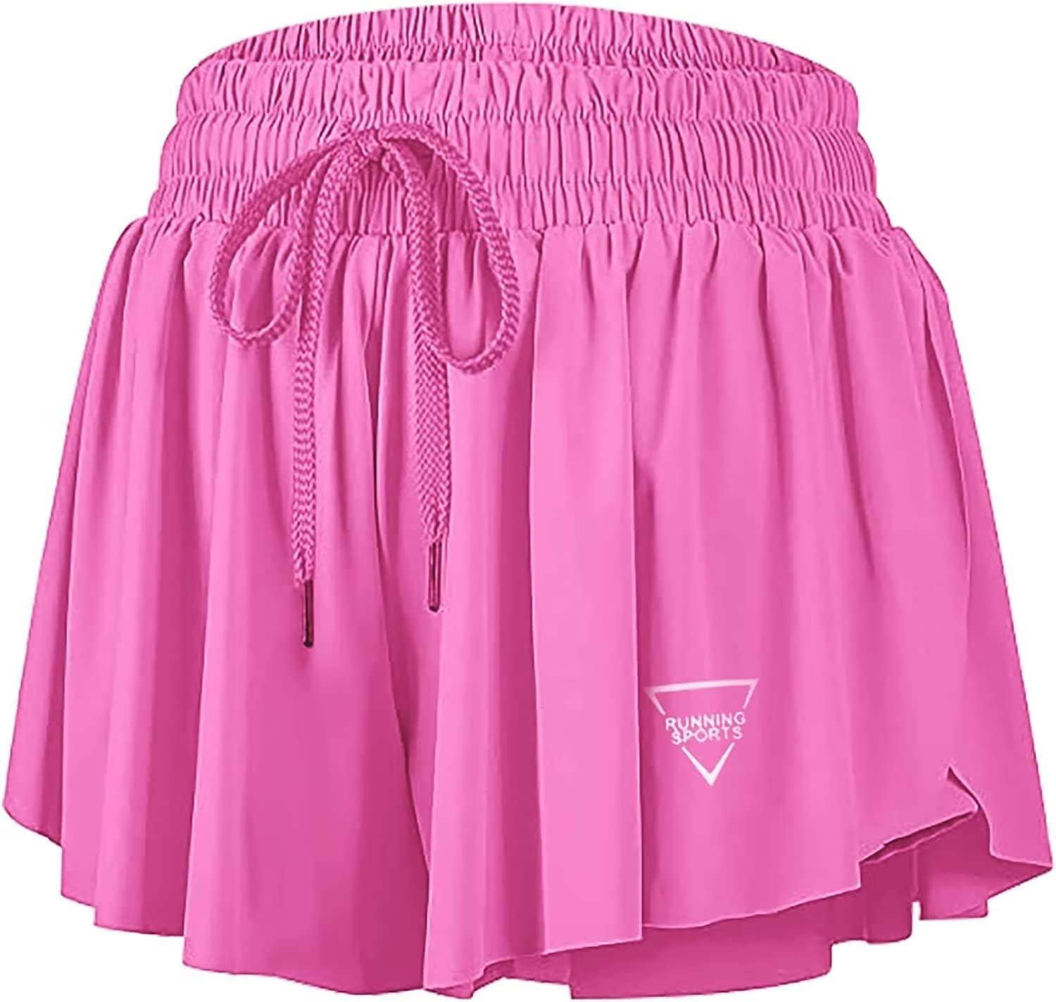 QooNoo 2 in 1 Athletic Shorts for Women Flowy Running Butterfly Shorts with Pockets High Elastic Gym Shorts Tennis Skorts