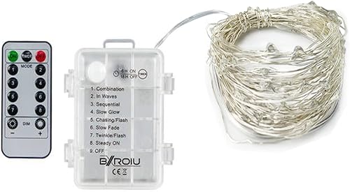 Miniatura 4 de 4 luces de hadas que funcionan con pilas, 8 modos de iluminación, 50 LED, 16.4 pies, cadena de luces de alambre plateado, función de temporizador y