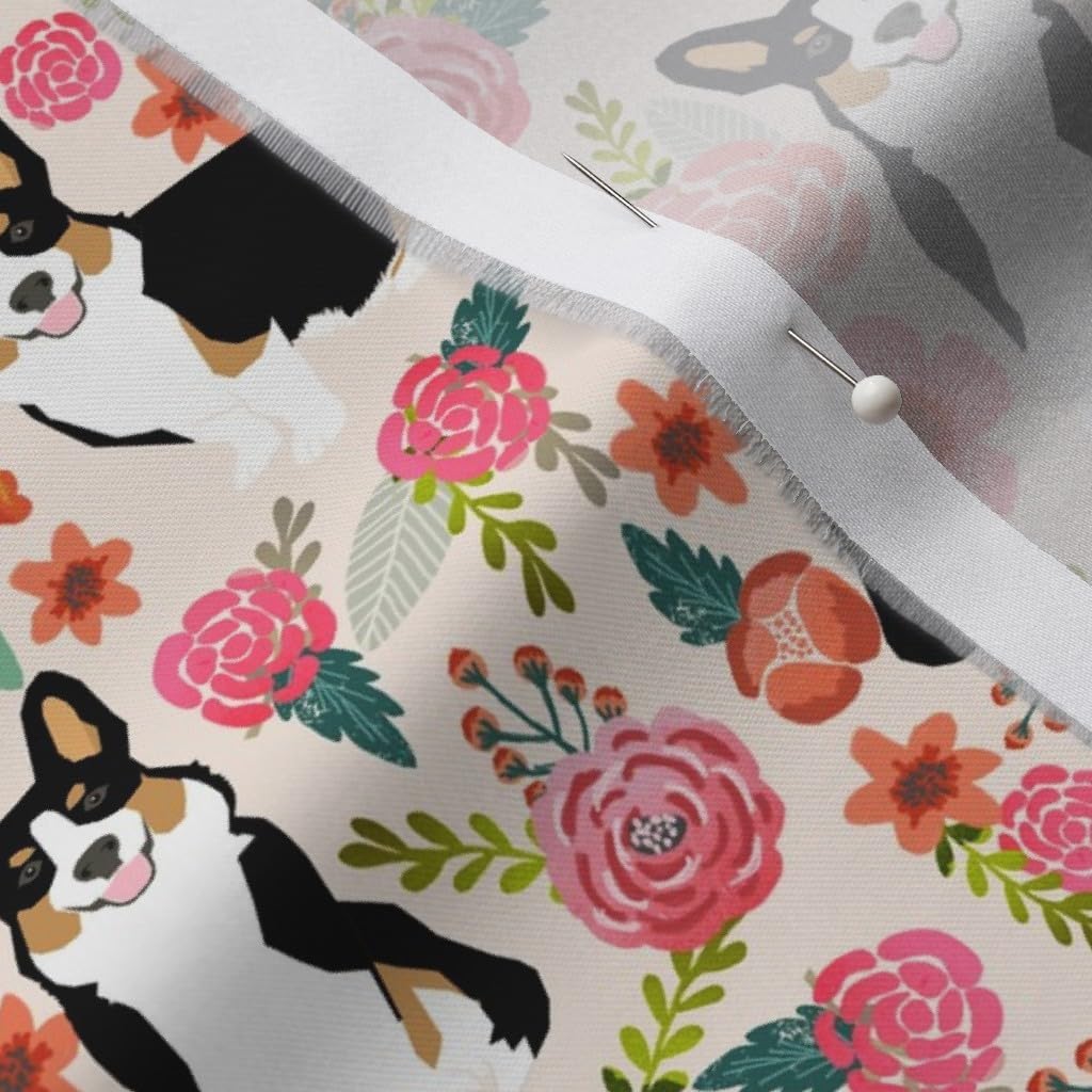 Spoonflower Fabric - Corgi Black Tan Tri Colored Welsh Cute Corgis Dog Dogs Florals Pet Printed on Organic Cotton Sateen Fabric by The Yard - Sewing Quilting Apparel Home Decor