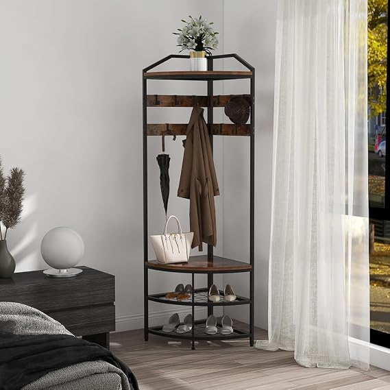 VEDECASA Corner Hall Tree with Shoe Bench 4-Tier Industrial Freestanding Entryway Coat Rack with 10 Metal Movable Hooks and Wooden Storage Shelves for Home Hallway Closet Bedroom Brown