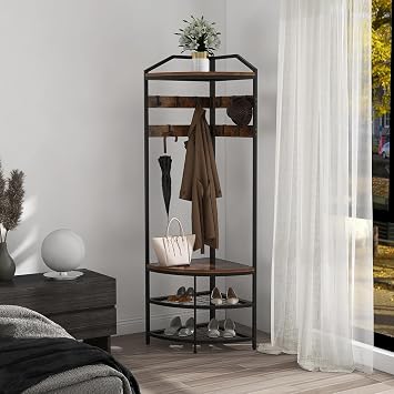 VEDECASA Corner Hall Tree with Shoe Bench 4-Tier Industrial Freestanding Entryway Coat Rack with 10 Metal Movable Hooks and Wooden Storage Shelves for Home Hallway Closet Bedroom Brown