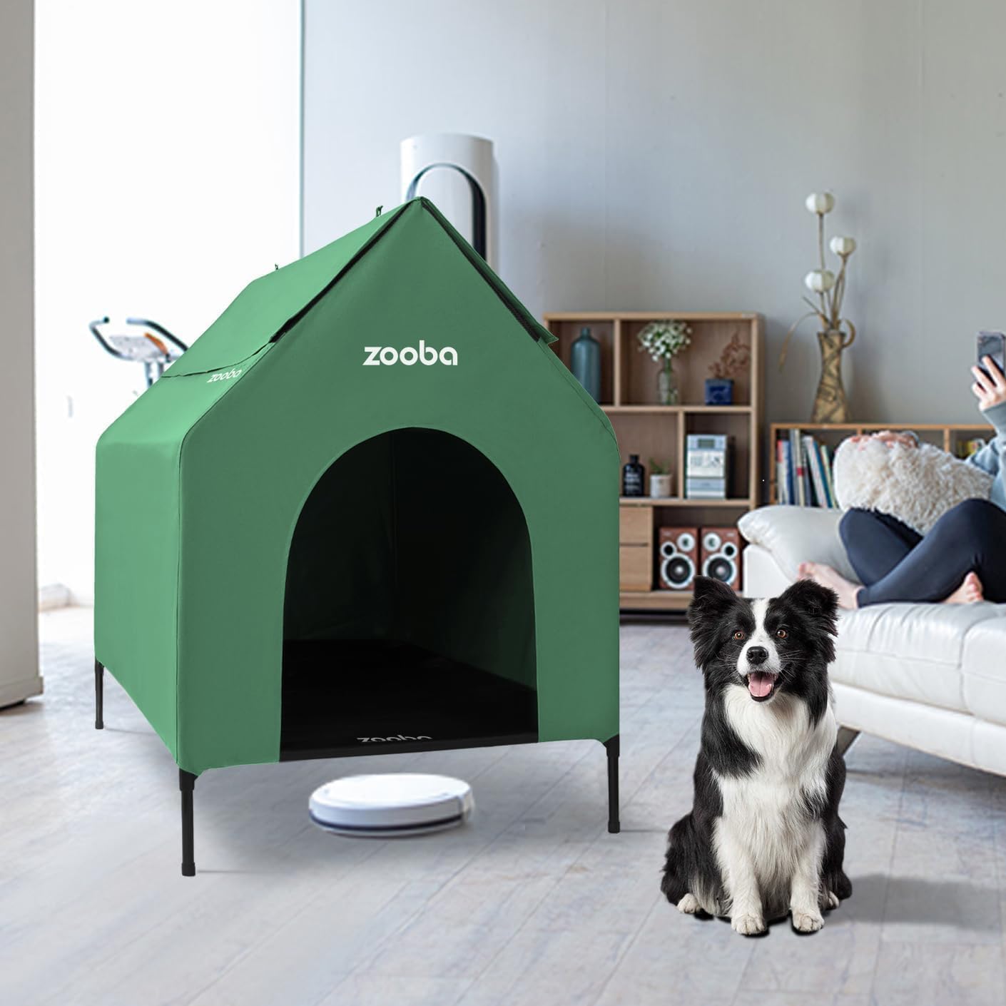 Zooba Outdoor Dog House – Weatherproof Elevated Pet Shelter, Breathable Mesh & Steel Frame, Easy to Assemble & Clean, Large Dog Houses for All Seasons (Green, Large)