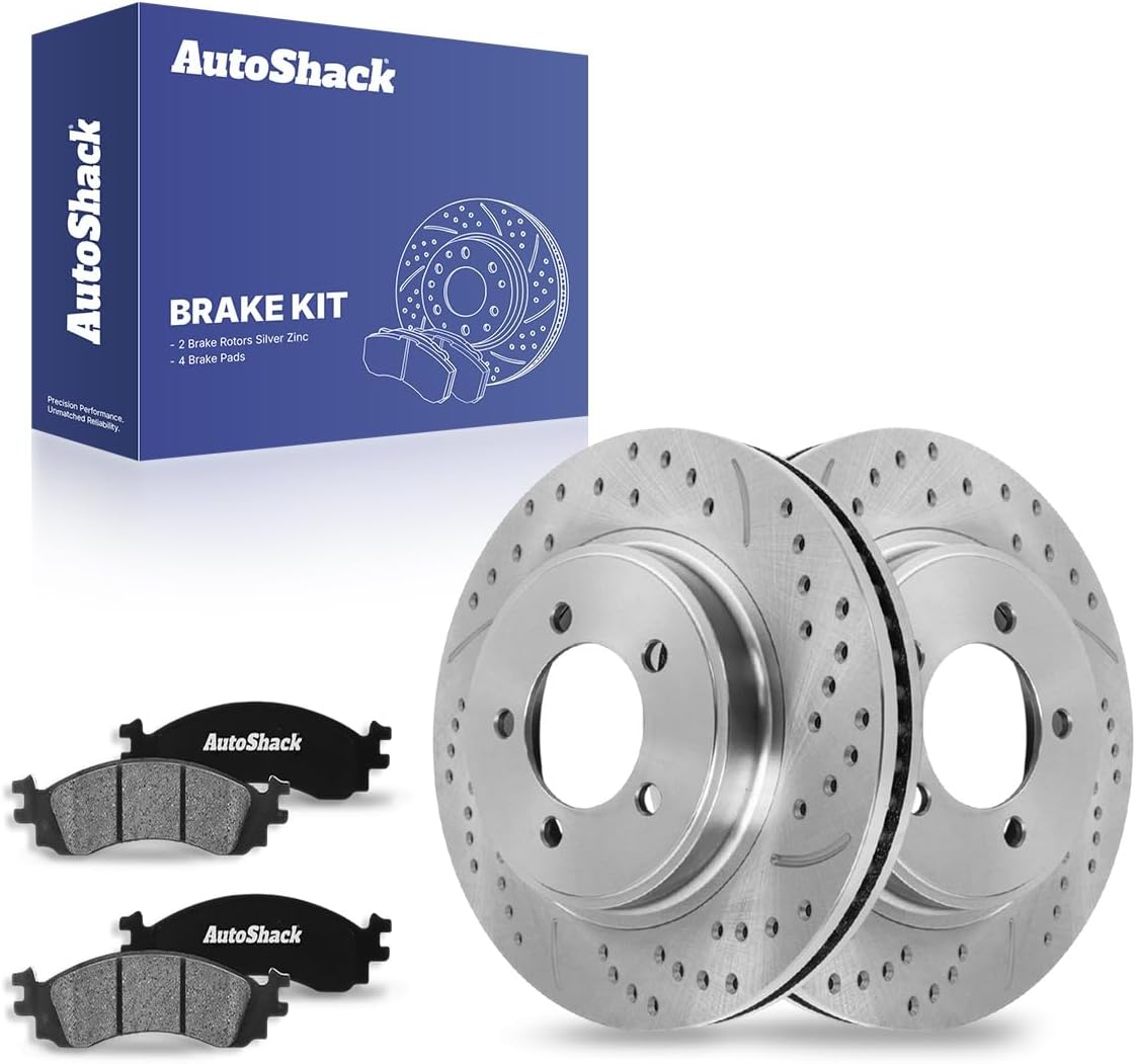 AutoShack Front Vented Drilled & Slotted Silver Zinc Coated Brake Rotors + Ceramic Pads 6-PC Brake Kit Replacement for 2006-2010 Ford Explorer SilverShield Pro 12.01" (305 mm)