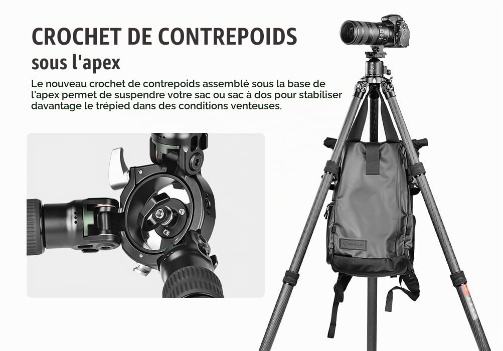 SUNWAYFOTO Trépied de chasse T2830CS-M en fibre de carbone pour fusil, avec tête sphérique et support de selle, charge 20 kg.