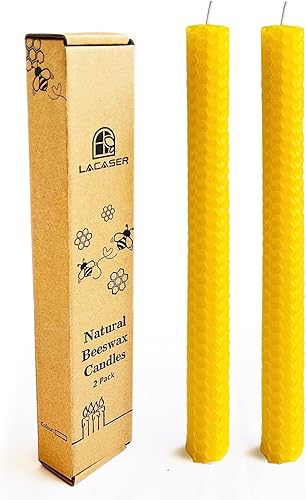 Lacaser - Velas cónicas de cera de abejas de 2 piezas, velas largas de 9 pulgadas para candelabros en amarillo, sin aroma y sin humo, tiempo de