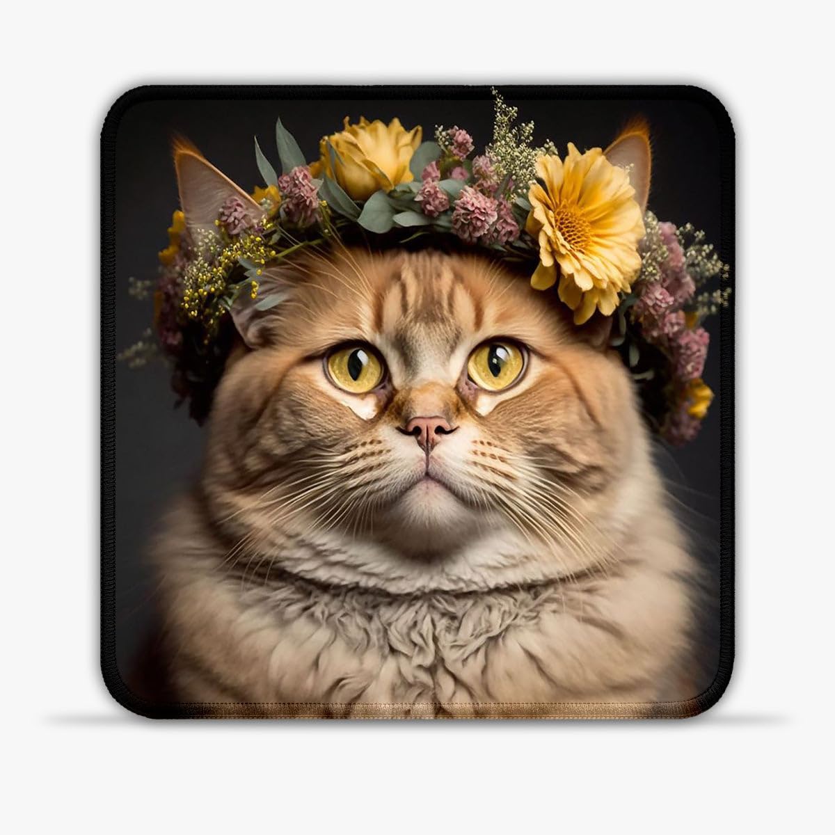 LJSPTU Alfombrilla de ratón de gato con corona de flores (alfombrilla de ratón de 11.8 pulgadas, resistente al calor, con costuras antideshilachado y base de goma para control de precisión para