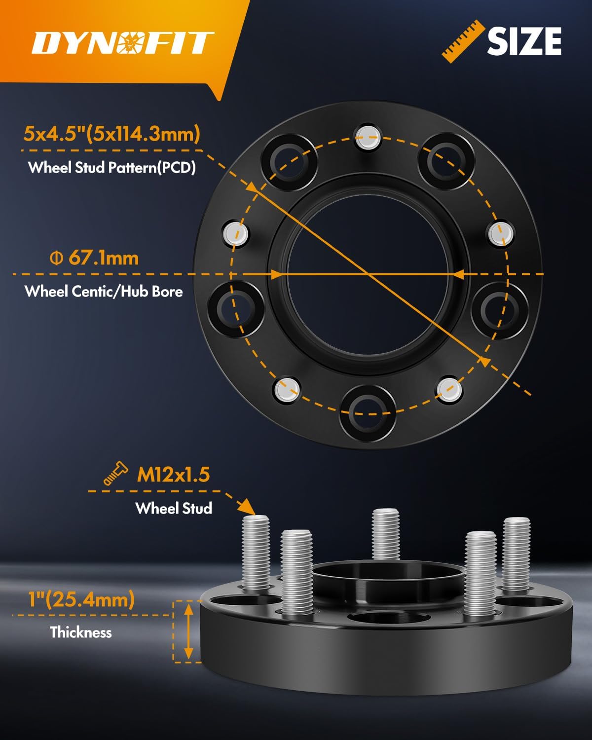 dynofit 5x4.5 Wheel Spacers 1 Inch for Genesis, Hyundai Genesis Coupe/Elantra, 67.1 Hub Centric 5x114.3 Bolt Pattern 25mm Tire Spacer Compatibility with Ford Fusion Escape Mazda Jeep Kia, M12x1.5 Stud