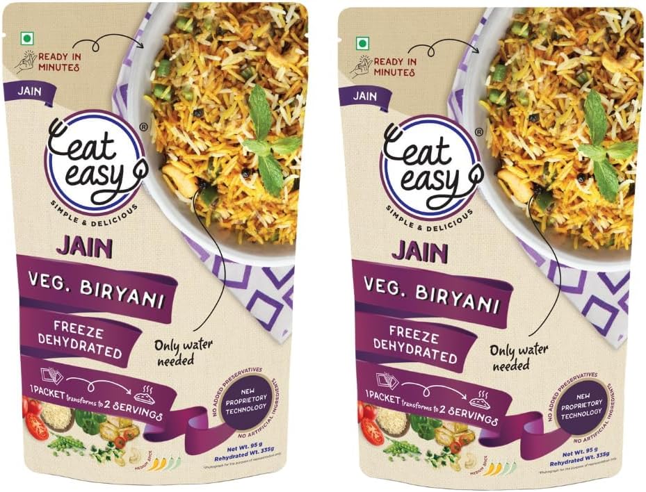 Eat Easy Ready To Eat Jain Veg Biryani- 95gm (Pack of 2) | Freeze Dehydrated, No Moisture, Lightweight, Instant Spiced Vegetable Rice with Cow Ghee & Paneer | No Onion, No Garlic, Just Add Water & Cook Food for Quick Lunch, Dinner