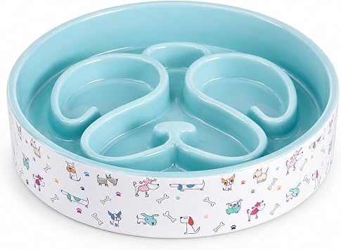 Slow Feeder Dog Bowl, 8 Ceramic Dog Bowls for Medium & Large Breed, Blue