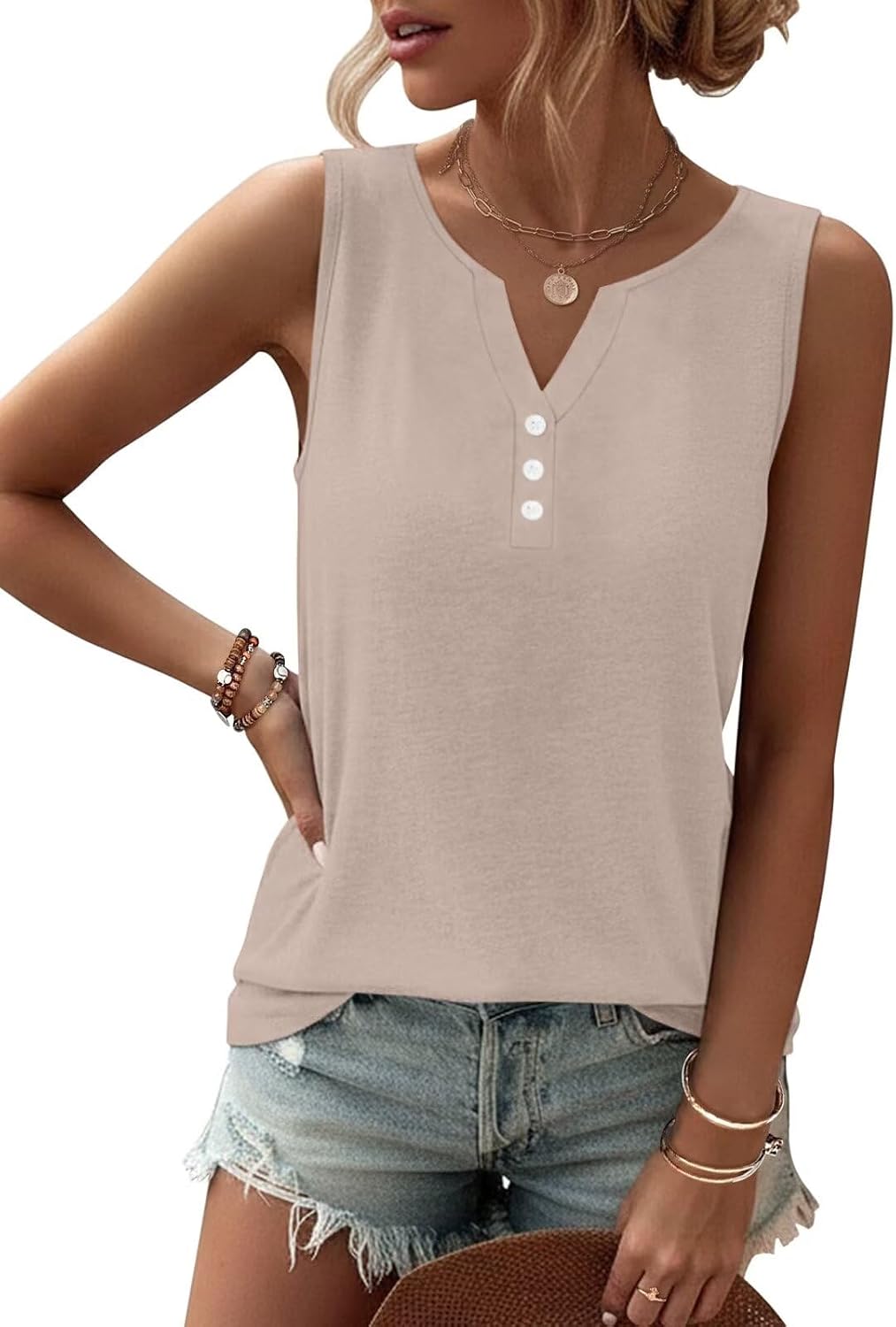 TICTICMIMI Tank Tops for Women Summer Sleeveless V Neck Buttons T Shirts