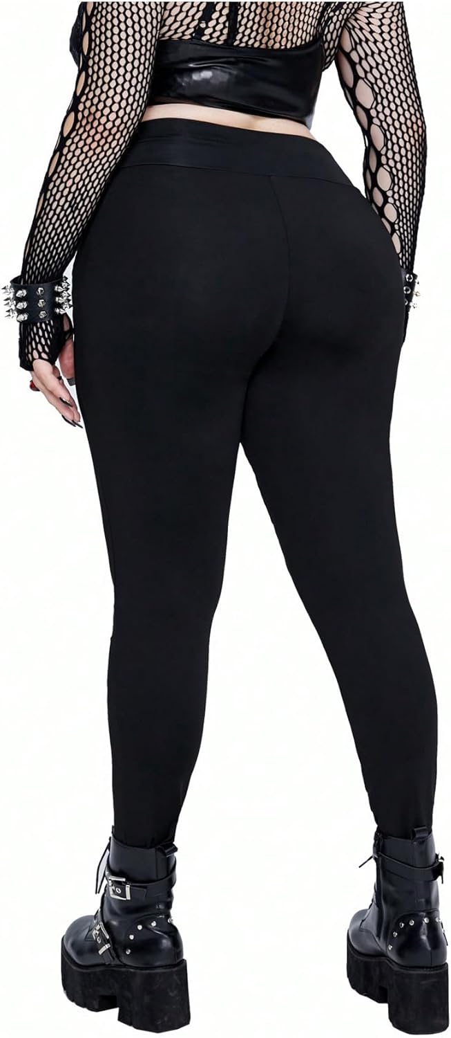 Floerns Women's Plus Size Goth Leggings Patchwork Punk Contrast High Waisted Legging Pants - Image 2