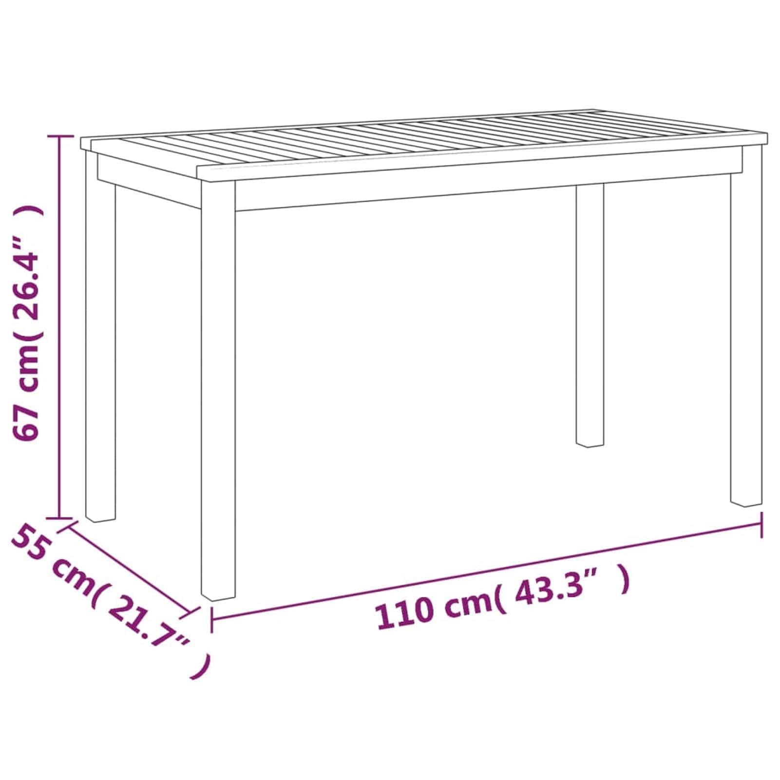 Stół ogrodowy 110 x 55 x 67 cm z litego drewna akacjowego, prostokątny stół z metalową ramą, blat o wyglądzie drewna do ogrodu