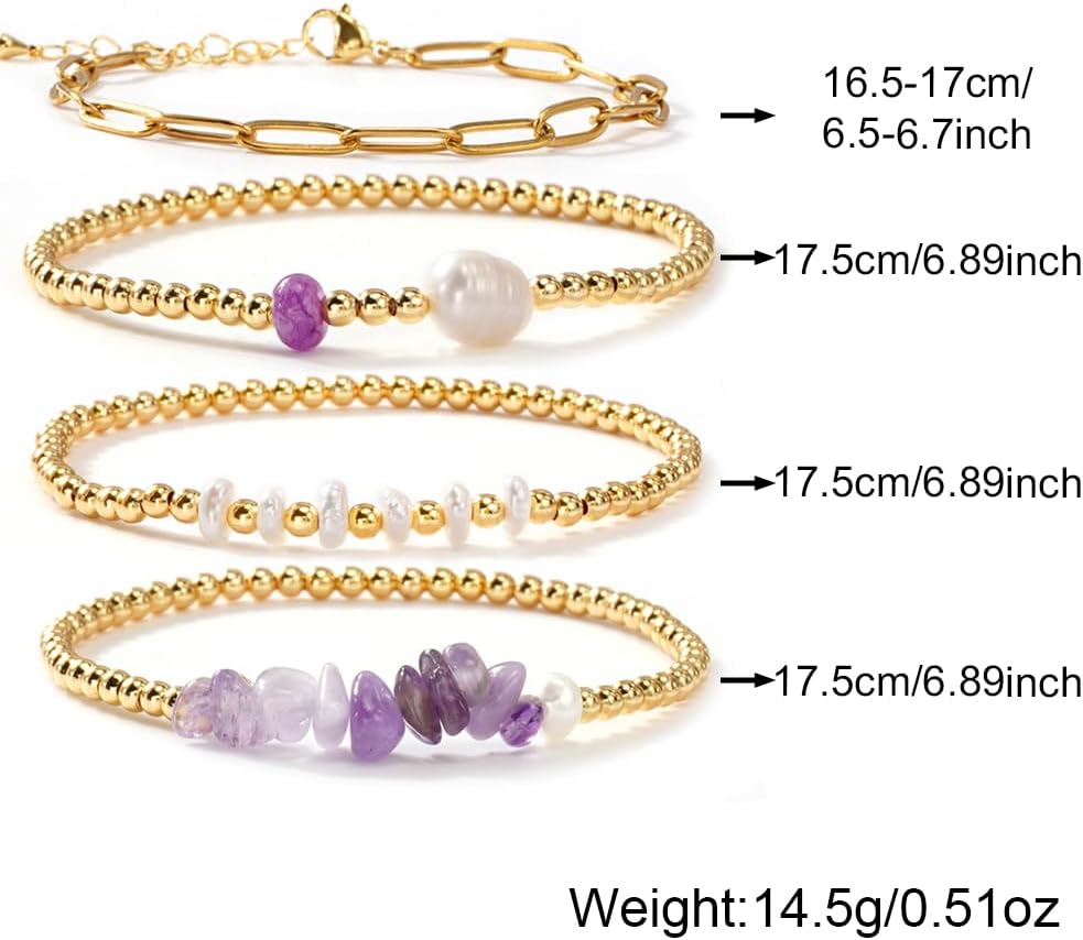 Gold Beaded Bracelets for Women Handmade Pearl Colorful Crystal Paperclip Link Chain Bracelet Stack Stretch Elastic Boho 14K Gold Plated Beads Stackable Trendy Jewelry Friendship Gift - Image 6