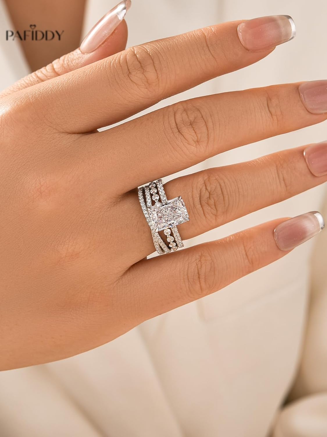 3.5 Carat Radiant Cut Wedding Ring Set for Women, 3 Piece Cubic Zirconia Ring Set, 18K White Gold Plated S925 Sterling Silver CZ Engagement Ring & Wedding Band - Image 4