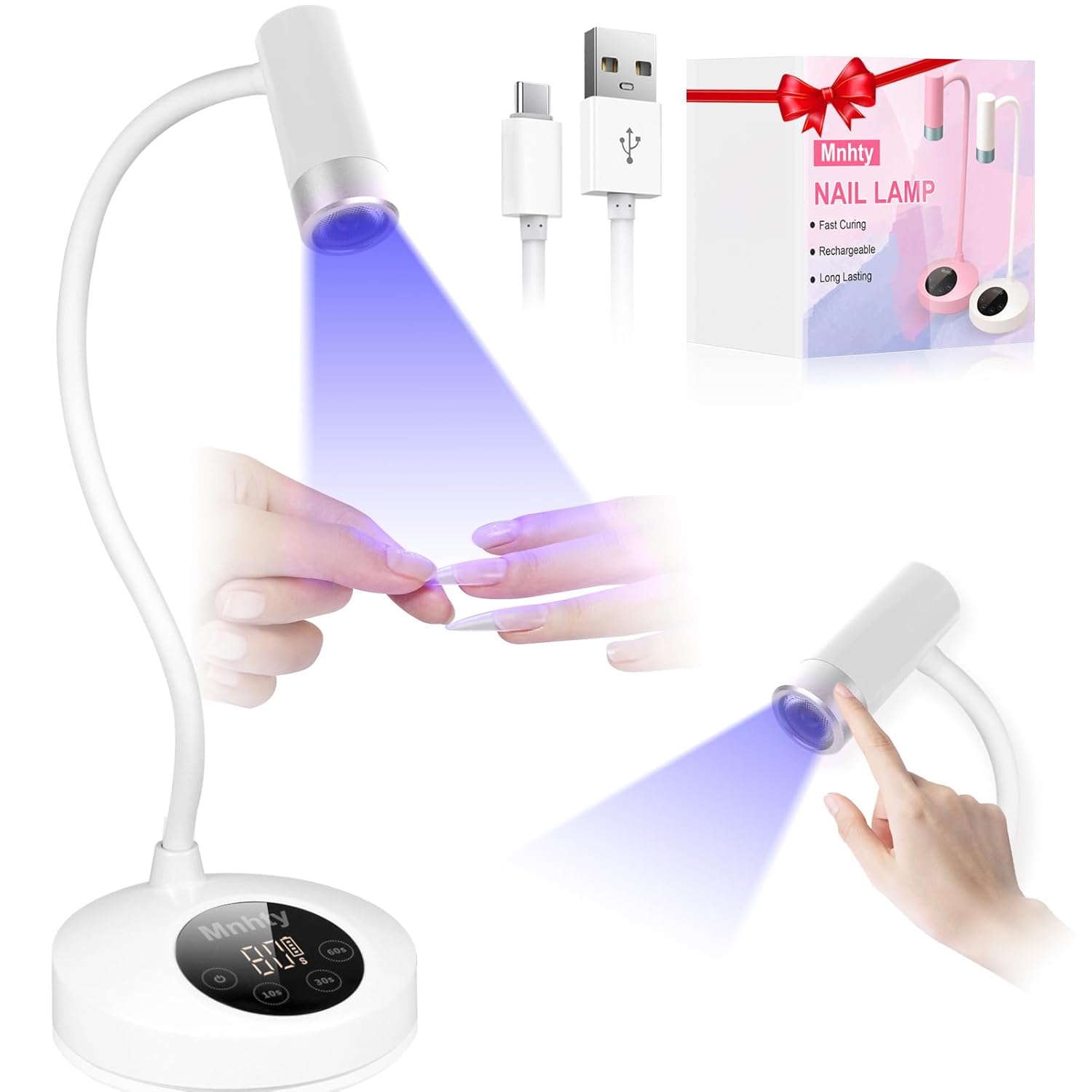 U V LED Nail Lamp, Goose Neck Flash Cure Lamp 27W Rechargeable Mini U V Light for Gel Nails, Cordless Flash Cure Light with 3 Timers&Sensor, Fast Curing Gooseneck Lamps for Gel X, Snow White