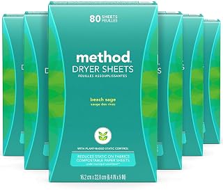 Method Dryer Sheets, Beach Sage, Fabric Softener and Static Reducer, Compostable and Laundry Essentials, 80 Count (Pack of 6)