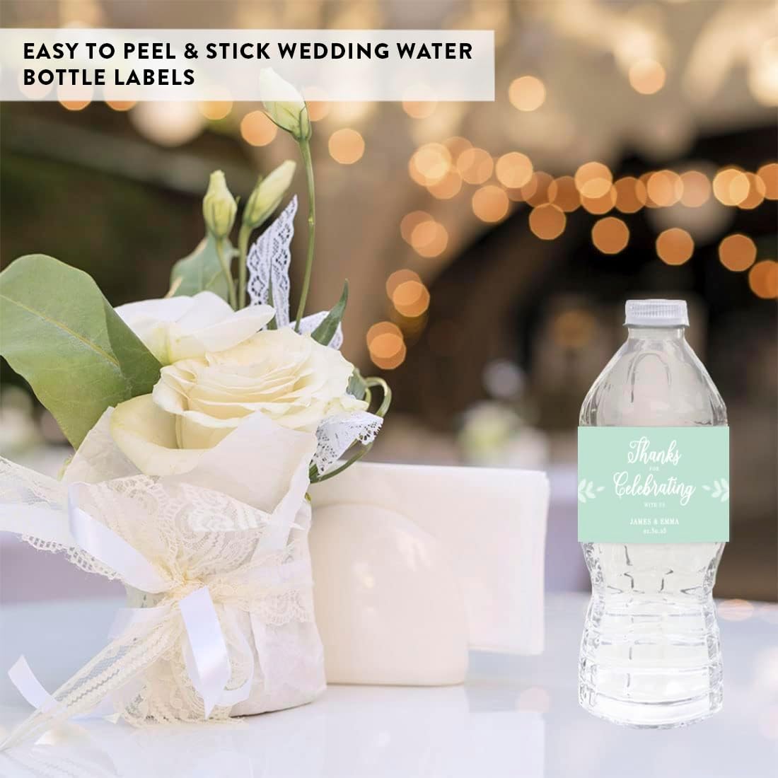Andaz Press Floral Mint Green Wedding Collection, Personalized Water Bottle Label Stickers, 20-Pack, Custom Name