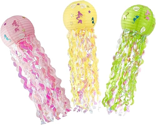 3 linternas decorativas de sirena, decoración de sirena, decoración colorida linterna de papel para cumpleaños, faroles de papel, linternas de