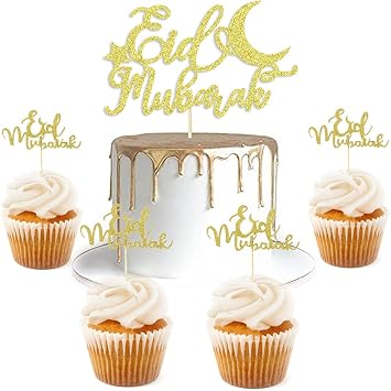 Suptilics 21 PCS Gold Glitter Ramadan Eid Mubarak Cake Toppers, Ramadan Decorations for Home