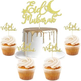 Suptilics 21 PCS Gold Glitter Ramadan Eid Mubarak Cake Toppers, Ramadan Decorations for Home