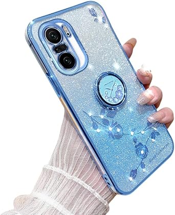Silicone Cover for Xiaomi Poco F3 Case, TPU with Metal Ring Stand Shockproof Protection Cover Luxury Plating Glitter Cute Flowers Design Case Compatible with Xiaomi Poco F3 Protective Shell Blue