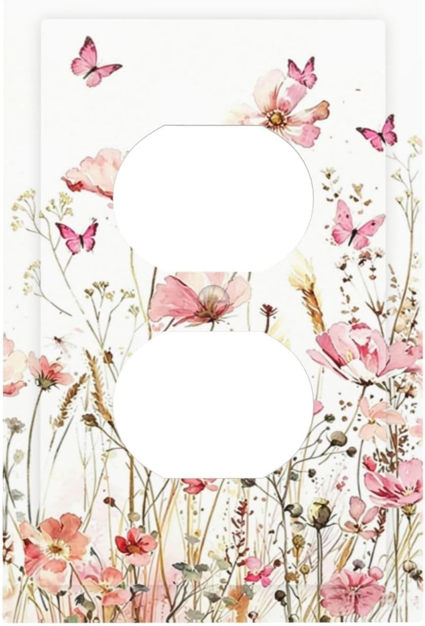 Decorative Outlet Covers Boho Floral Watercolor Pink Wildflower Butterfly 1 Gang Duplex Light Switch Cover Plate Unique Wall Plates for Electrical Switch Plate Covers for Bedroom Home Decor