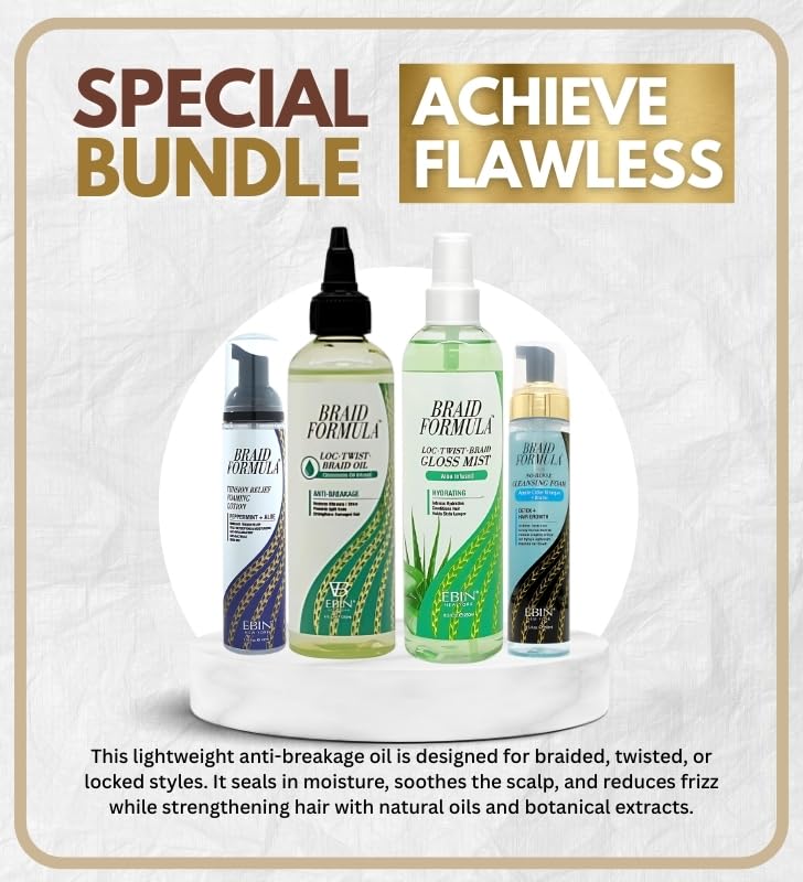 EBIN NEW YORK BRAID FORMULA LOC. TWIST. BRAID OIL 120mL –Anti-Breakage, GLOSS MIST – Hydrating 250mL Bundle with No-Rinse Cleansing Foam 250mL and Peppermint Foaming Lotion Gift Set (4 Items)