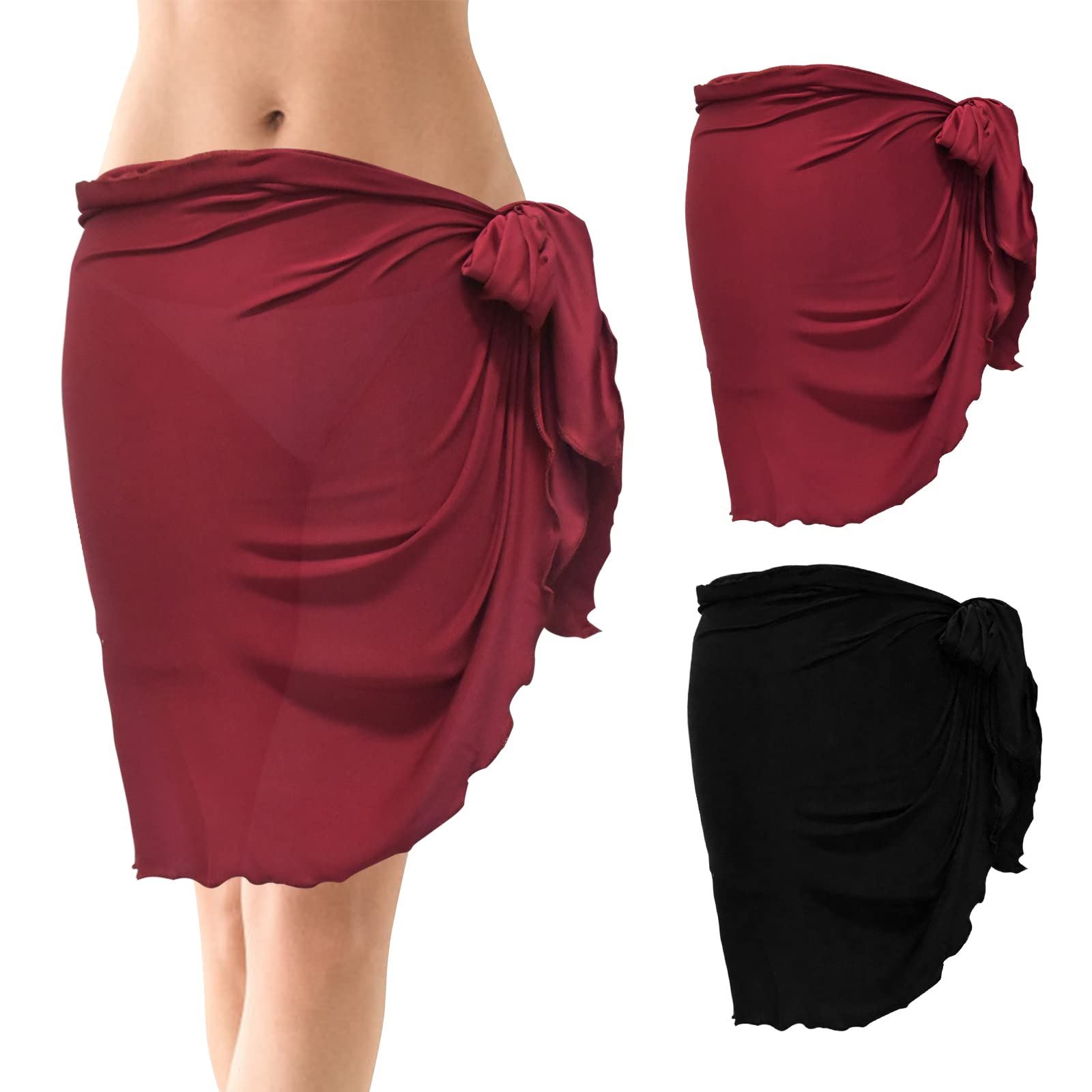 Daelesr 2 Pcs Pareo Playa Mujeres Negro Blanco, Vestido Envolvente Sarongs de Gasa, Sexy Bikini Cubierta Sarong Corto, Traje de Baño para Damas Mujer Vacaciones Piscina Verano Playa,156x50cm