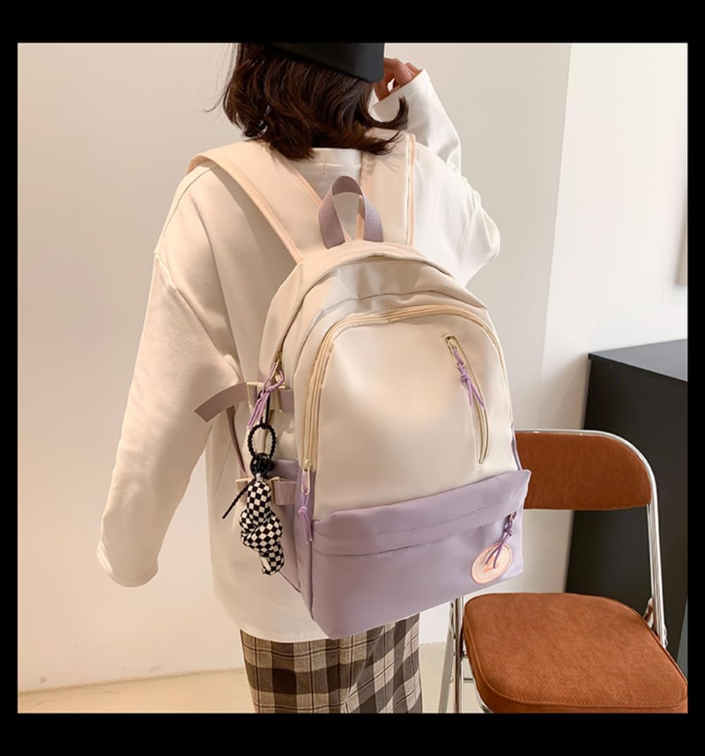 Fashion Simple Solid Color Contrast Large Capacity Backpack Women Nylon Waterproof Book Bag Men Travel Backpack (Purple)