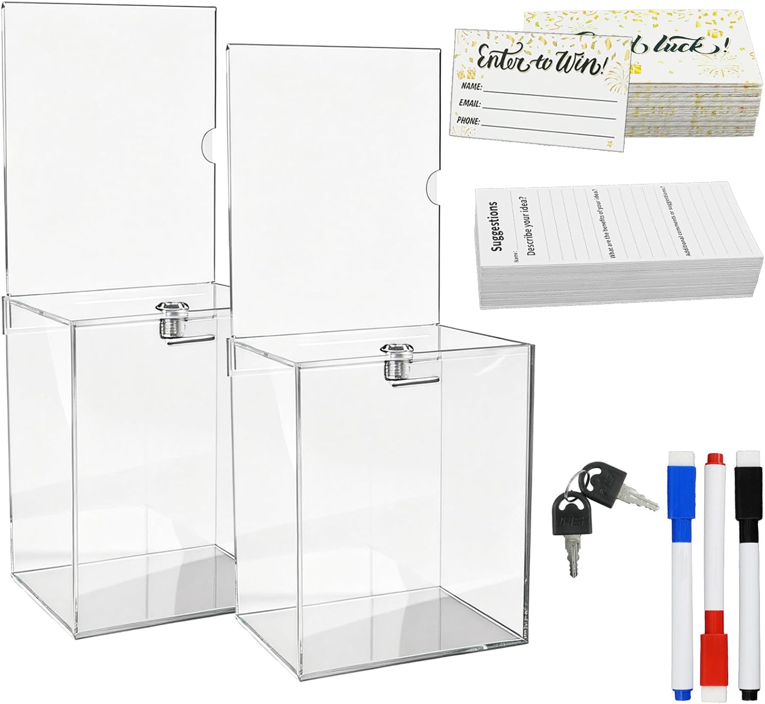 2 Pcs Tall Acrylic Donation Box with Lock, Sign Plate and Raffle Tickets, 6.7 x 5 x 8 Inch Suggestion Box, Clear Ballot Container for Business, Public Events