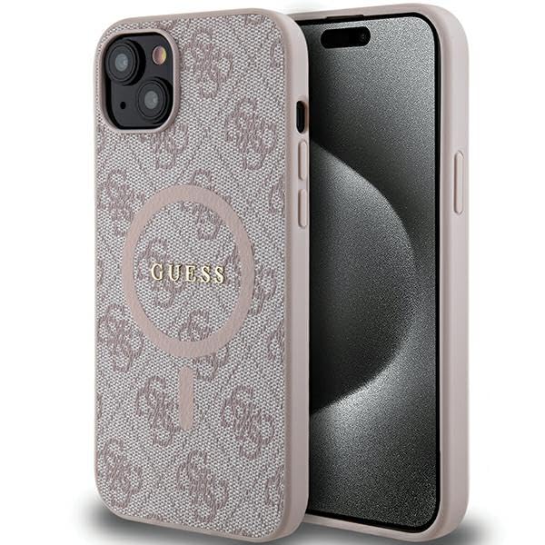 Guess GUHMP14SG4GFRP Hülle für iPhone 14/15 / 13 6.1 Rosa hardcase 4G Collection Leather Metal Logo