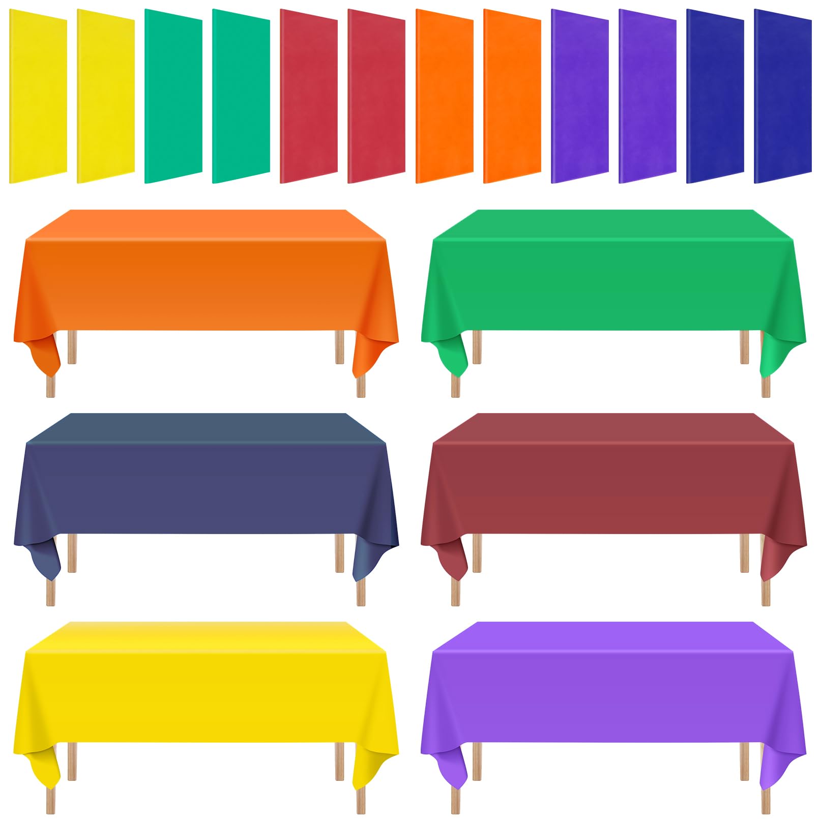 Preocea 12 Pack Rainbow Color Plastic Tablecloths, 137x274cm Disposable Colorful Rectangle Table Cover, Assorted Color Table Cloths for Picnic Home Birthday Wedding Party Decorations, Rainbow
