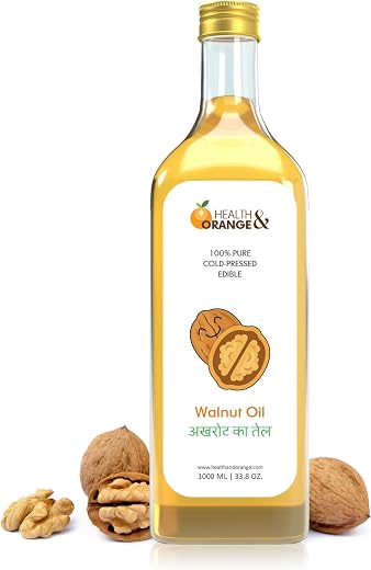 Health and Orange Walnut Oil - 100% Pure Cold Pressed Edible Akhrot Ka Tel - 1000 ML Glass Bottle